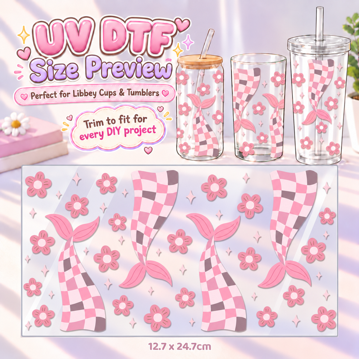 Flutter Check Mermaid – DIY UV DTF Cup & Tumbler Wrap – 12.7 × 24.7 cm