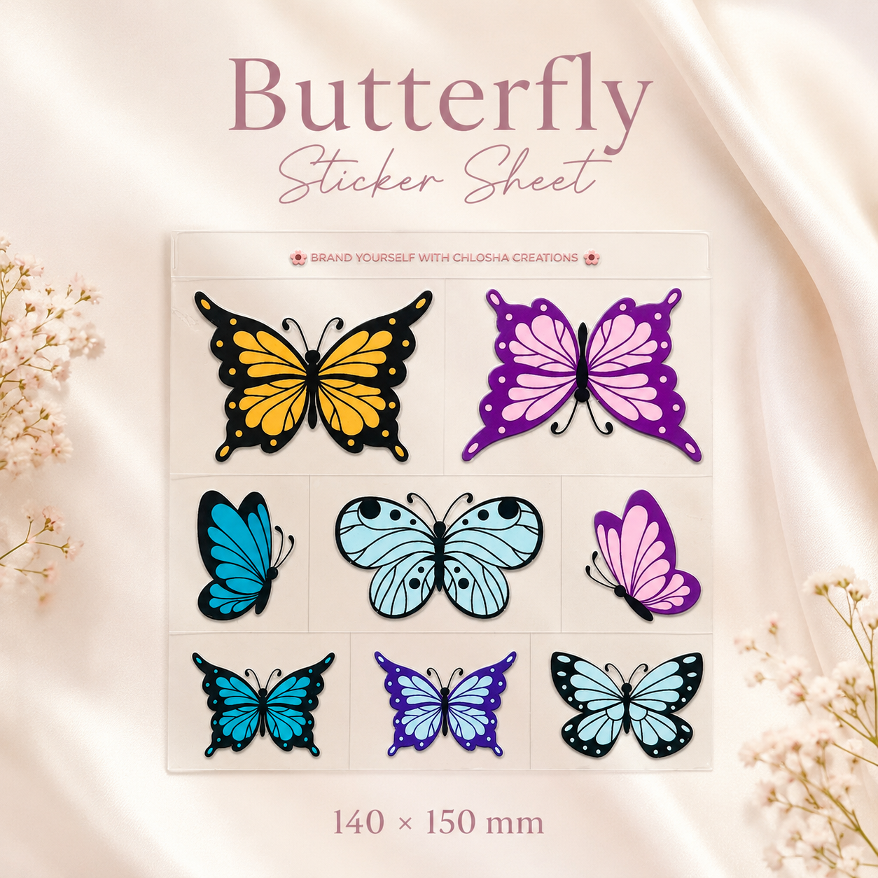 butterfly Pre-Cut UV DTF Decal Sheet · 140 × 150 mm