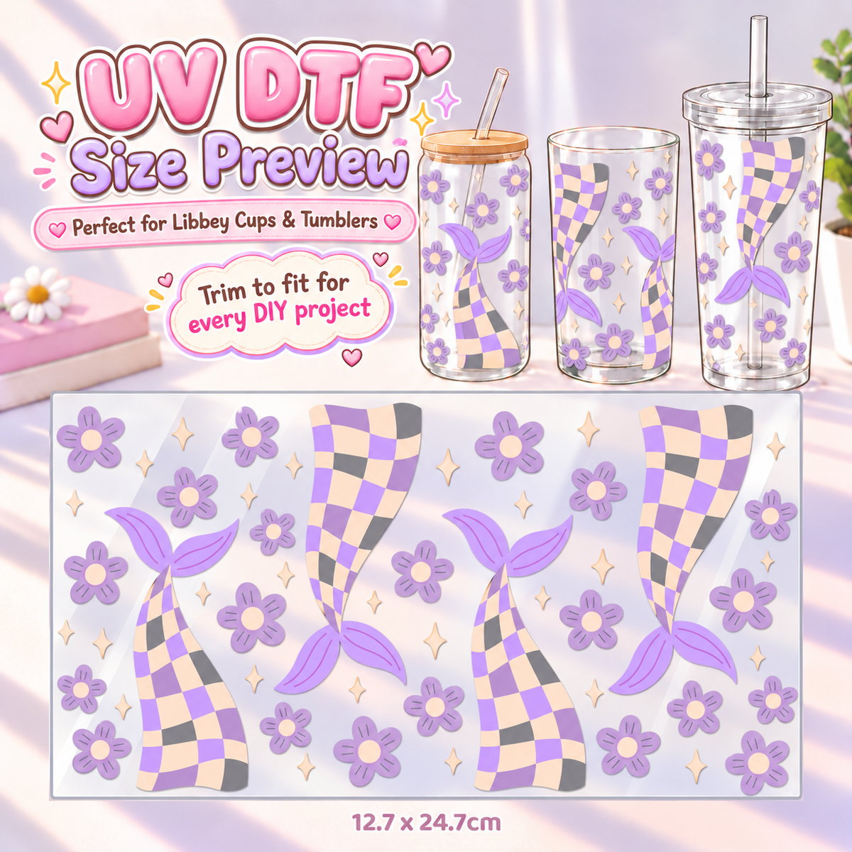 Flutter Check Mermaid – DIY UV DTF Cup & Tumbler Wrap – 12.7 × 24.7 cm