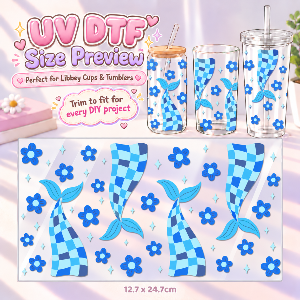 Flutter Check Mermaid – DIY UV DTF Cup & Tumbler Wrap – 12.7 × 24.7 cm