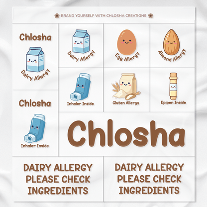A1 allergy pack A - Brown Icon Text custom name labels for kids bottles lunchbox waterproof NZ - Chlosha creations