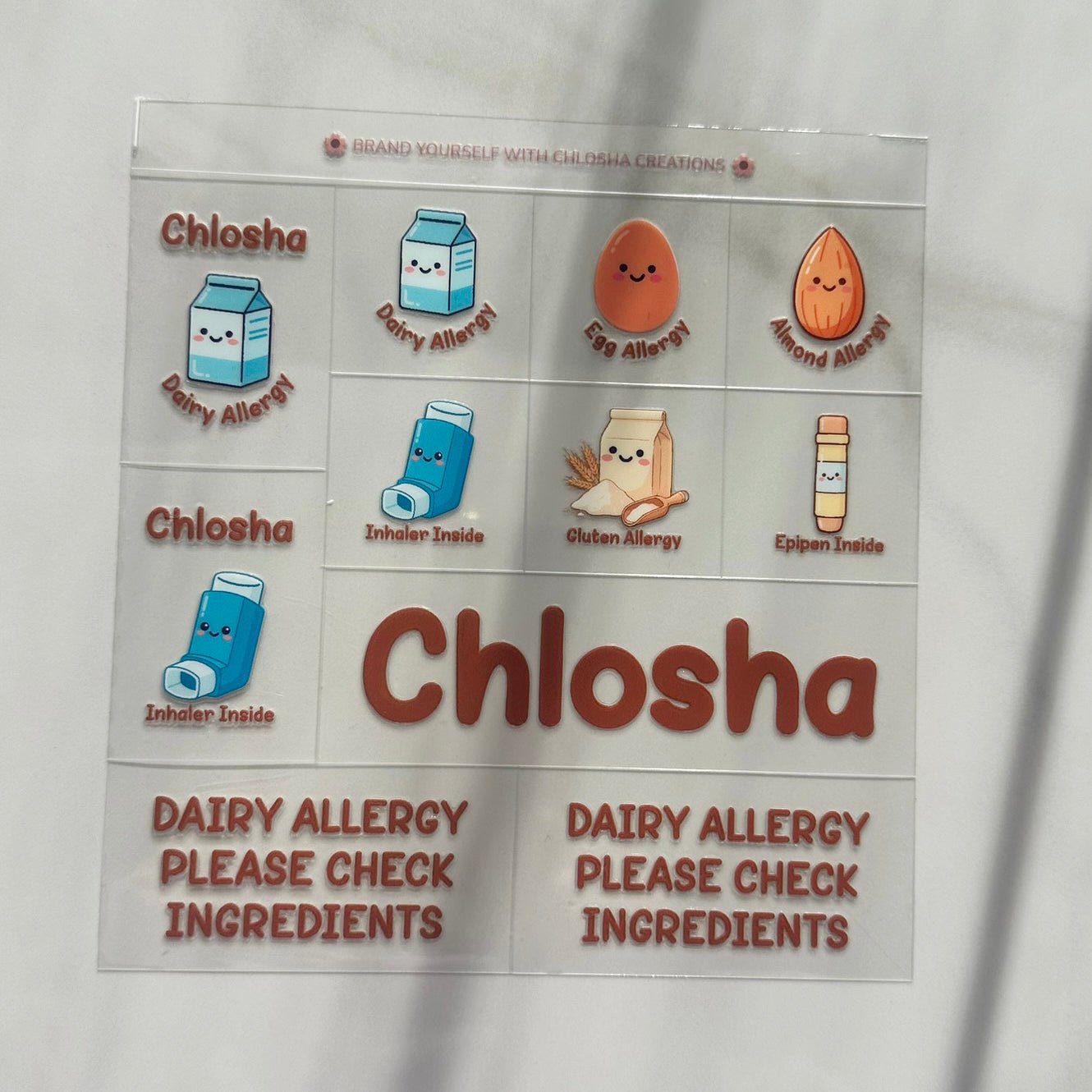 A1 allergy pack A - Brown Icon Text custom name labels for kids bottles lunchbox waterproof NZ - Chlosha creations