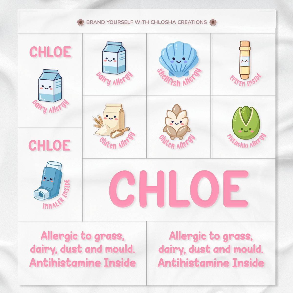 A1 allergy pack A - Pink Icon Text custom name labels for kids bottles lunchbox waterproof NZ - Chlosha creations