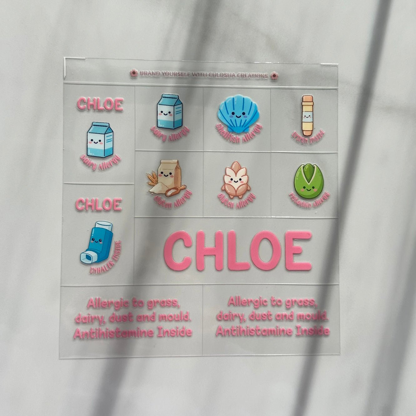 A1 allergy pack A - Pink Icon Text custom name labels for kids bottles lunchbox waterproof NZ - Chlosha creations
