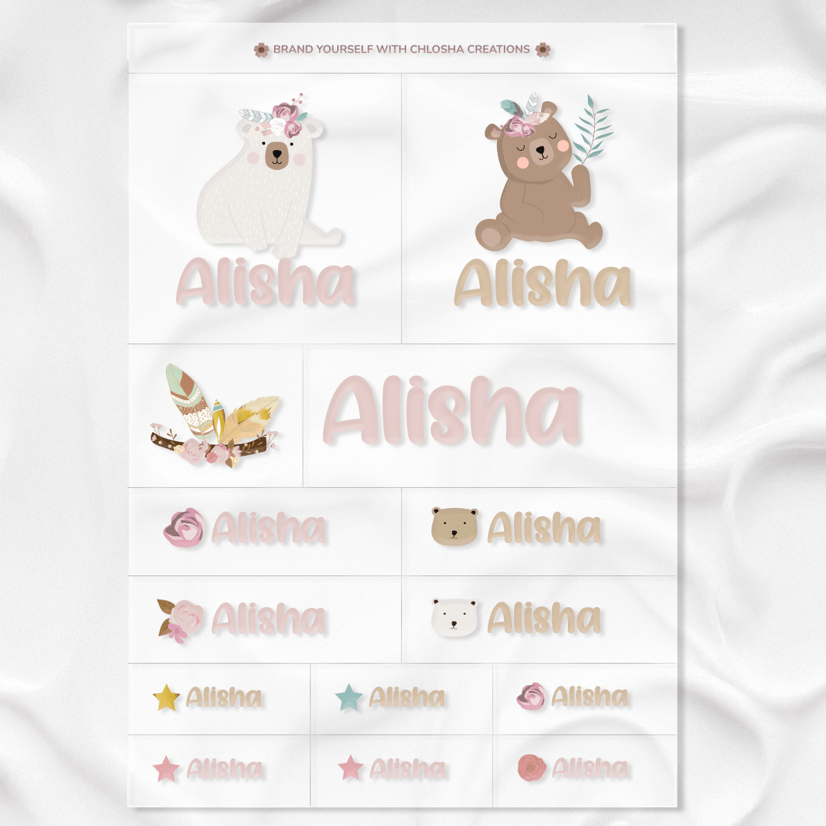 Boho Bear Icon + Name Pack custom name labels for kids bottles lunchbox waterproof NZ - Chlosha creations