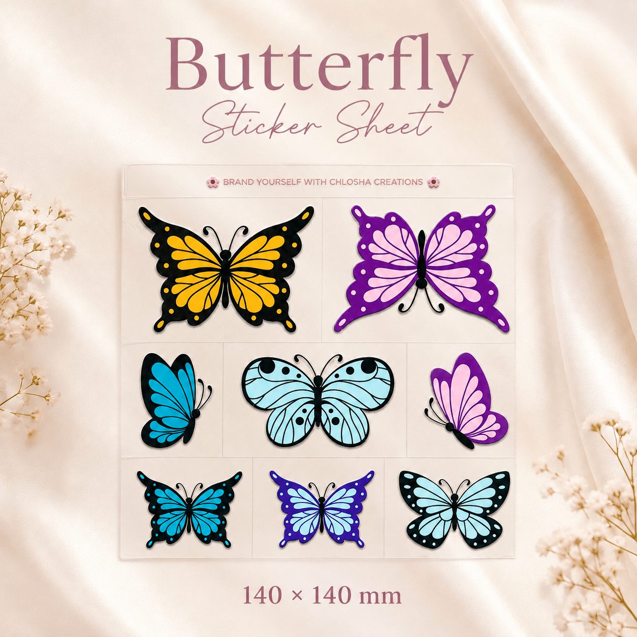butterfly Pre-Cut UV DTF Decal Sheet · 140 × 140 mm custom name labels for kids bottles lunchbox waterproof NZ - Chlosha creations