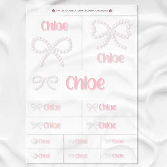 Pearl Bow Icon + Name Pack custom name labels for kids bottles lunchbox waterproof NZ - Chlosha creations