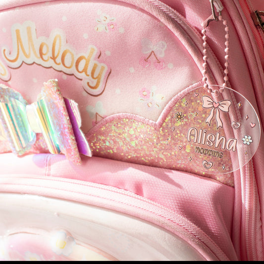 Personalised Acrylic Backpack Tag – Pretty Bow custom name labels for kids bottles lunchbox waterproof NZ - Chlosha creations