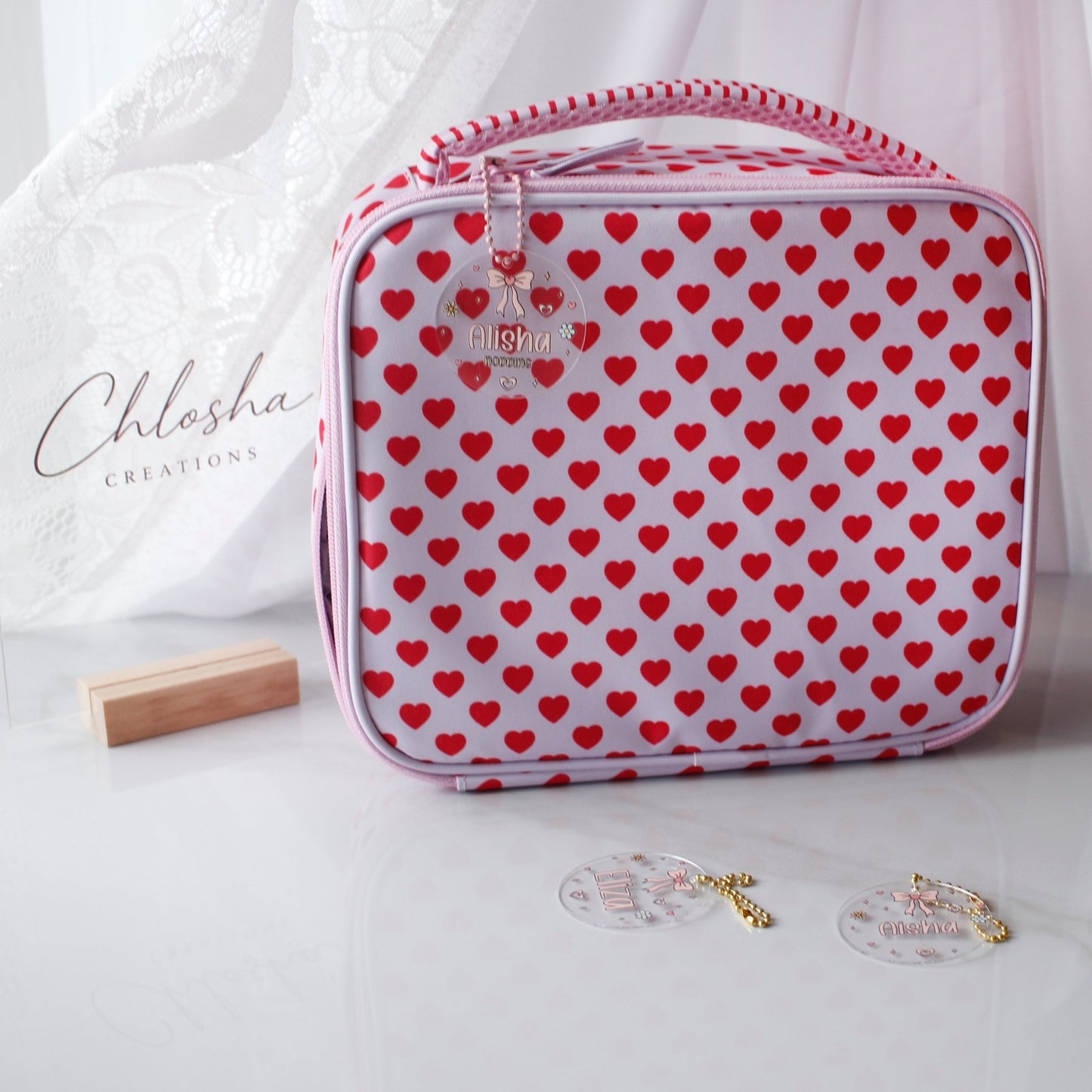 Personalised Acrylic Backpack Tag – Pretty Bow custom name labels for kids bottles lunchbox waterproof NZ - Chlosha creations