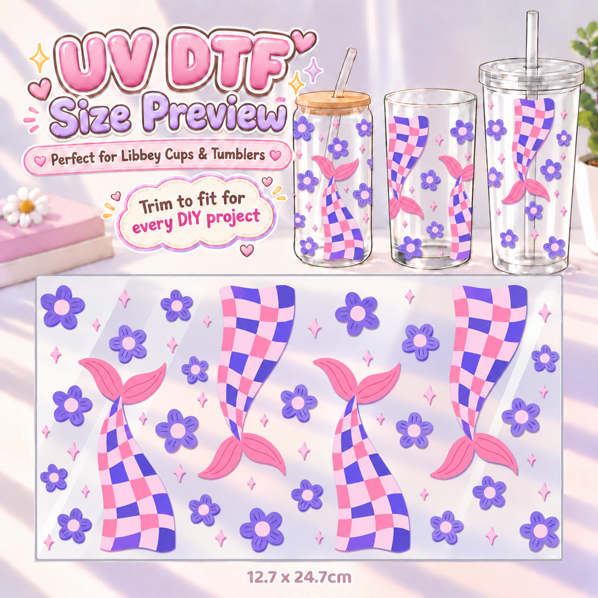 Flutter Check Mermaid – DIY UV DTF Cup & Tumbler Wrap – 12.7 × 24.7 cm